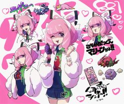 1girl bad_id bad_twitter_id bracelet character_print clenched_hands collared_shirt commentary_request dynamax_band eyelashes eyeshadow fur_jacket galarian_form galarian_slowpoke gen_1_pokemon gen_4_pokemon gen_5_pokemon gen_8_pokemon gloves hairband hands_up heart jacket jewelry klara_(pokemon) koffing looking_at_viewer makeup mole mole_under_mouth nintendo nitaimoimo one_eye_closed open_mouth partially_fingerless_gloves pink_hair pink_lips pokemon pokemon_(creature) pokemon_swsh shirt shorts side_slit side_slit_shorts single_glove skorupi smile smoke venipede white_hairband white_jacket