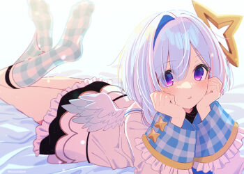 1girl amane_kanata amane_kanata_(1st_costume) angel_wings bed_sheet black_skirt blue_hair blue_socks bob_cut colored_inner_hair feathered_wings feet_up frilled_skirt frills gingham_socks grey_hair grey_jacket hair_over_one_eye halo hashtag-only_commentary highres hirayama_kanna hololive jacket kneehighs legwear_garter long_sleeves looking_at_viewer lying mini_wings miniskirt multicolored_hair no_shoes on_stomach parted_lips pink_streaks purple_eyes short_hair single_hair_intake skirt socks solo star_halo the_pose tilted_halo turtleneck virtual_youtuber white_wings wide_sleeves wings