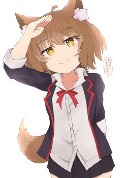 1girl absurdres ahoge animal_ear_fluff animal_ears arm_up black_jacket black_skirt blush bow brown_eyes brown_hair closed_mouth collared_shirt commentary_request dress_shirt highres jacket long_sleeves nyaha open_clothes open_jacket original pleated_skirt red_bow school_uniform shirt simple_background skirt smile solo tail translation_request white_background white_shirt