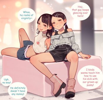 2girls :p absurdres ankle_boots black_shorts boots brown_eyes brown_hair collarbone english_text grey_shirt highres legs loli looking_at_viewer midriff muk_(monsieur) multiple_girls naughty_face navel original pink_boots plaid_clothes plaid_shirt shirt shorts sitting smile speech_bubble thighs tongue tongue_out