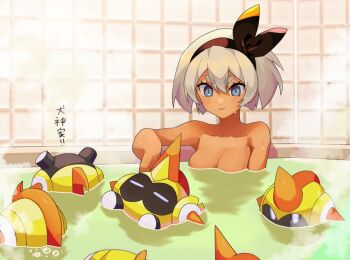 1girl bathing bea_(pokemon) black_hairband blue_eyes blush breasts bubble closed_mouth collarbone commentary_request dark-skinned_female dark_skin eyelashes falinks gen_8_pokemon grey_hair hair_between_eyes hairband katwo medium_breasts nintendo nude pokemon pokemon_(creature) pokemon_swsh short_hair smile steam tile_wall tiles water
