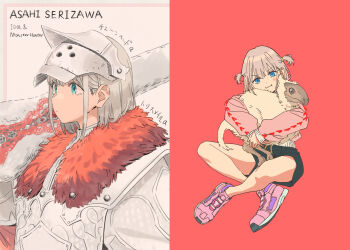 1girl absurdres armor black_shorts blue_eyes fur_trim highres idolmaster idolmaster_shiny_colors serizawa_asahi shoes short_hair shorts sitting sneakers tomato_(lsj44867) twintails white_hair