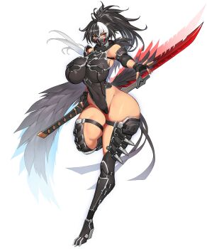 1girl absurdres bare_shoulders black_gloves black_hair breasts covered_navel fingerless_gloves full_body gloves gurimjang high_ponytail highleg highleg_leotard highres holding holding_sword holding_weapon huge_breasts huge_weapon impossible_clothes impossible_leotard leotard long_hair mask mechanical_legs mouth_mask multicolored_hair original ponytail red_eyes simple_background solo sword taimanin_suit two-tone_hair variant_set very_long_hair weapon white_background white_hair