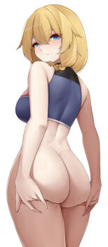 1girl absurdres ass back black_sports_bra blonde_hair blue_eyes bottomless casperrin closed_mouth from_behind girls&#039;_frontline girls&#039;_frontline_2:_exilium grabbing_own_ass hair_between_eyes highres midriff mosin-nagant_(girls&#039;_frontline) mosin-nagant_(girls&#039;_frontline_2) simple_background solo sports_bra standing thighs variant_set white_background