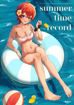 Rule 34 | 1girl, absurdres, barefoot, bikini, blue eyes, breasts, cabbage (chlehd2239), checkered bikini, checkered clothes, chromatic aberration, commentary request, feet, flower, full body, hair flower, hair ornament, heart, heart-shaped eyewear, highres, holding, holding removed eyewear, idolmaster, idolmaster million live!, innertube, julia (idolmaster), korean commentary, looking at viewer, navel, on innertube, open mouth, pool, red hair, short hair, smile, solo, sunglasses, swim ring, swimsuit, toenails, toes, unworn eyewear, water