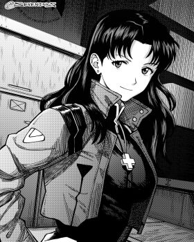 1girl breasts commentary cropped_jacket earrings greyscale hand_on_own_hip hatching_(texture) highres instagram_username jewelry katsuragi_misato medium_breasts monochrome necklace neon_genesis_evangelion seveninks sideburns smile solo stud_earrings