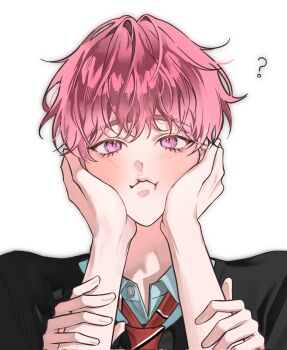 1boy ? amo_0202 bamby_(plave) cheek_squash closed_mouth hair_between_eyes hands_on_another&#039;s_cheeks hands_on_another&#039;s_face highres holding_another&#039;s_arm k-pop looking_at_viewer male_focus pink_eyes pink_hair plave portrait pov pov_hands short_hair simple_background white_background