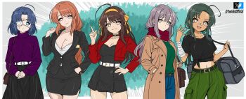 5girls :3 absurdres aged_up ahoge alternate_costume alternate_hairstyle asahina_mikuru asahina_mikuru_(adult) asakura_ryoko bandaged_arm bandages bandaid bandaid_on_face bandaid_on_nose belt belt_around_waist black_dress black_shirt blue_eyes braid breasts brown_eyes brown_hair cleavage closed_mouth coat collarbone cowboy_shot denim dot_mouth dress eyepatch green_hair green_pants green_shirt hair_between_eyes hairband hand_on_own_arm hand_on_own_hip hand_up highres huge_ahoge jacket jeans jewelry lapels leather leather_jacket long_hair long_skirt looking_at_viewer low_twintails medium_breasts miniskirt multiple_girls nagato_yuki navel necklace new_year open_clothes open_coat open_mouth pants plaid_clothes plaid_lapels pointing pointing_up purple_hair purple_sweater red_jacket red_scarf ring scar scarf shirt short_hair skirt sleeves_past_wrists smile standing suit_jacket suzumiya_haruhi suzumiya_haruhi_no_yuuutsu sweater t-works tan tanline tight_clothes tsuruya twin_braids twintails twitter_logo twitter_username twitter_x_logo waist_bag white_belt yellow_hairband