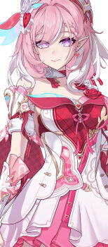 1girl absurdres braid braided_bangs breasts closed_mouth commentary_request diamond-shaped_pupils diamond_(shape) dress earrings elysia_(hi_love_elf)_(honkai_impact) elysia_(honkai_impact) hair_ornament heart heart_earrings heart_hair_ornament highres honkai_(series) honkai_impact_3rd jewelry kabuto_tong large_breasts long_hair pink_hair pointy_ears purple_eyes red_dress simple_background single_bare_shoulder smile solo symbol-shaped_pupils upper_body white_background white_dress