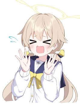 Rule 34 | > <, 1girl, black sailor collar, blue archive, blush, cardigan, foulo paints, hair between eyes, halo, hifumi (blue archive), highres, light brown hair, long hair, long sleeves, low twintails, open mouth, sailor collar, simple background, solo, twintails, upper body, white background, white cardigan, yellow halo