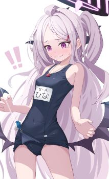 Rule 34 | !, !!, 1girl, absurdres, blue archive, breasts, character name, commentary request, halo, highres, hina (blue archive), hina (swimsuit) (blue archive), long hair, name tag, official alternate costume, old school swimsuit, one-piece swimsuit, paid reward available, purple eyes, purple halo, school swimsuit, shijima (shijima tc), simple background, small breasts, solo, swimsuit, whistle, whistle around neck, white background, wings