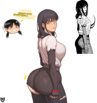 1girl ass black_hair breasts chainsaw_man comparison cropped_legs highres huge_ass large_breasts long_hair looking_at_viewer mitaka_asa pants pantylines parted_lips ringed_eyes scar smile solo standing thick_thighs thighs torn_clothes torn_pants wide_hips yellow_eyes yoru_(chainsaw_man) z-art