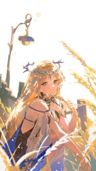 1girl absurdres bare_shoulders black_collar black_dress blonde_hair blue_eyes cartethyia_(wuthering_waves) chinese_commentary closed_mouth collar commentary_request crown_of_thorns dress earrings highres holding jewelry kaekaeki long_hair looking_at_viewer necklace official_art pointy_ears smile solo tabard tacet_mark_(wuthering_waves) very_long_hair wheat white_background white_tabard wuthering_waves