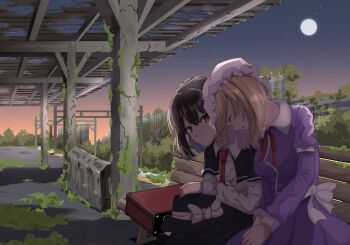 Rule 34 | 2girls, black capelet, black hat, black skirt, blonde hair, bow, brown eyes, brown hair, building, capelet, closed eyes, collared dress, collared shirt, commentary request, condenser unit, contrast collar, dinotodon, dress, dusk, hat, hat bow, highres, holding, holding unworn clothes, holding unworn hat, looking at another, maribel hearn, medium hair, mob cap, moon, multiple girls, neck ribbon, necktie, on bench, overgrown, own hands together, red necktie, red ribbon, ribbon, sash, shirt, sitting, skirt, sleeping, star (sky), touhou, tree, unworn hat, unworn headwear, usami renko, waist bow, white bow, white hat, white sash, white shirt