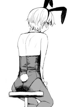 1boy animal_ear_hairband animal_ears armpit_crease ass back bare_shoulders blush chair closed_mouth commentary_request cowboy_shot crossdressing crossdressing_(mtf) detached_collar fake_animal_ears fake_tail from_behind hairband leotard looking_at_viewer looking_back male_focus male_playboy_bunny on_chair original pantyhose partial_commentary purple_hair_boy_(sunaba_(nczd5875)) rabbit_ear_hairband rabbit_ears rabbit_tail short_hair simple_background sitting smile solo sunaba_(nczd5875) tail trap white_background wrist_cuffs