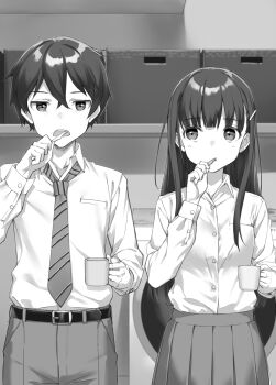 Rule 34 | 1boy, 1girl, absurdres, belt, belt buckle, breast pocket, brother and sister, brother and step-sister, brushing teeth, buckle, commentary request, cup, diagonal-striped clothes, diagonal-striped necktie, double-parted bangs, greyscale, hair between eyes, hair ornament, hairclip, hand up, highres, holding, holding cup, holding toothbrush, indoors, irido mizuto, irido yume, long hair, long sidelocks, long sleeves, looking at another, looking at viewer, looking to the side, mamahaha no tsurego ga moto kano datta, monochrome, mug, necktie, novel illustration, official art, open mouth, pants, pleated skirt, pocket, school uniform, short hair, siblings, sidelocks, sideways glance, skirt, standing, step-brother and step-sister, step-siblings, striped clothes, takayaki, toothbrush