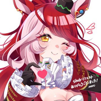 1girl animal_ears blush breasts cleavage closed_mouth commentary_request hair_between_eyes hair_ornament hat heart heart_hands highres horse_ears inairego116 long_hair looking_at_viewer loves_only_you_(9927_wishes)_(umamusume) loves_only_you_(umamusume) one_eye_closed portrait red_hair smile solo umamusume white_background yellow_eyes