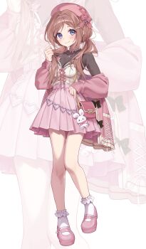 1girl absurdres bag bag_charm beret black_shirt blue_eyes blush bobby_socks breasts brown_hair charm_(object) chobi_(penguin_paradise) closed_mouth commentary_request gakuen_idolmaster hair_over_shoulder hat highres himesaki_rinami holding_own_hair idolmaster jacket long_hair long_sleeves low_twintails medium_breasts off_shoulder open_clothes open_jacket pink_hair pink_jacket pink_shoes pink_skirt puffy_long_sleeves puffy_sleeves shirt shoes shoulder_bag simple_background skirt sleeves_past_wrists socks solo standing standing_on_one_leg stuffed_animal stuffed_rabbit stuffed_toy twintails very_long_hair white_background white_socks zoom_layer