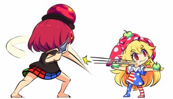 2girls ^^^ american_flag_dress american_flag_legwear animated animated_gif apple apple_on_head barefoot black_shirt blonde_hair blue_skirt blush_stickers closed_mouth clownpiece commentary_request dodging food fruit green_apple green_skirt hat hecatia_lapislazuli holding holding_food holding_fruit holding_kunai holding_weapon jester_cap kunai long_hair motion_lines multicolored_skirt multiple_girls neck_ruff no_shoes outstretched_arms polka_dot_headwear ranka_(tonbo) red_eyes red_hair red_hat red_skirt ringed_eyes shirt short_hair short_sleeves simple_background skirt standing t-shirt throwing touhou very_long_hair weapon white_background
