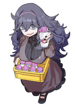 1girl @_@ absurdres ahoge alternate_breast_size_(larger) bags_under_eyes black_hair blush bottle breasts dress hair_between_eyes hairband haruyuki_(gffewuoutgblubh) hex_maniac_(pokemon) hex_maniac_(pokemon_xy) highres holding large_breasts long_dress long_hair long_sleeves looking_at_viewer messy_hair milk_bottle moomoo_milk nintendo open_mouth pantyhose pokemon pokemon_xy purple_dress purple_eyes purple_hair purple_hairband purple_nails solo