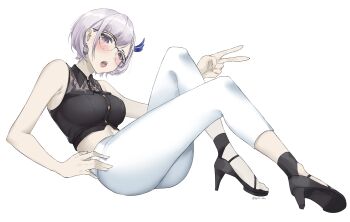 1girl absurdres black-framed_eyewear black_shirt black_shoes blush breasts byeon_dha commentary crop_top earrings eyelashes full_body glasses grey_hair hand_on_own_hip high_heels highres hololive hololive_indonesia jewelry midriff navel official_alternate_costume open_mouth pants pavolia_reine pavolia_reine_(indonesian_casual) purple_eyes shirt shoes short_hair simple_background sleeveless solo teeth upper_teeth_only v virtual_youtuber white_background white_pants