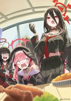 Rule 34 | <|> <|>, 3girls, absurdres, antenna hair, black choker, black gloves, black hair, black hat, black sailor collar, black shirt, black skirt, black wings, blue archive, blunt bangs, breasts, choker, commentary, feathered wings, flower, food, gloves, hair between eyes, hair flower, hair ornament, hasumi (blue archive), hat, head wings, highres, koharu (blue archive), large breasts, long bangs, long hair, low twintails, multiple girls, navel, necktie, open mouth, pink hair, red eyes, red flower, red necktie, revision, sailor collar, shirt, sidelocks, skirt, tsurugi (blue archive), twintails, white sailor collar, wings, yc97