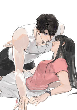 1boy 1girl absurdres arm_behind_back arm_support asymmetrical_bangs biting black_eyes black_hair black_shorts breasts caleb_(love_and_deepspace) collarbone exercising eye_contact from_side hand_on_floor hetero highres jewelry leaning_back liubai_615 long_bangs looking_at_another love_and_deepspace medium_breasts necklace pink_shirt protagonist_(love_and_deepspace) purple_eyes push-ups shirt short_sleeves shorts simple_background skirt sweat tank_top toned toned_male white_background white_skirt white_tank_top wristband