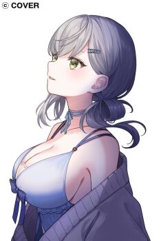 1girl babydoll blue_babydoll blue_choker breasts cardigan cardigan_partially_removed choker cleavage closed_mouth commentary_request copyright_name double-parted_bangs from_side front_slit green_eyes grey_hair hair_ornament hair_rings hairclip hell_fuuna highres hololive jewelry large_breasts looking_at_viewer low_side_ponytail medium_hair necklace official_alternate_costume official_alternate_hairstyle official_art parted_lips shirogane_noel shirogane_noel_(9th_costume) sideboob simple_background single_hair_ring solo virtual_youtuber white_background white_cardigan