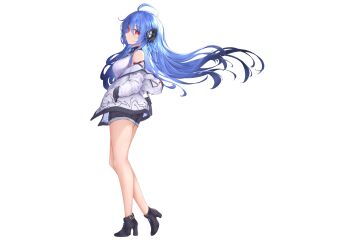 1girl absurdres alternate_costume azur_lane bare_legs bare_shoulders black_shorts blue_gemstone blue_hair casual cutoffs expressionless floating_hair from_side full_body gem hands_in_pockets headgear helena_(azur_lane) helena_(meta)_(azur_lane) high_heels highres hood hooded_jacket jacket jewelry kyl490 leg_up legs long_hair looking_at_viewer looking_to_the_side necklace off_shoulder red_eyes red_gemstone shirt short_shorts shorts sleeveless sleeveless_shirt solo striped_clothes striped_shirt thighs tiptoes transparent_background vertical-striped_clothes vertical-striped_shirt very_long_hair walking white_jacket white_shirt