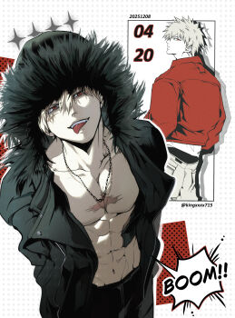 Rule 34 | 1boy, abs, absurdres, alternate costume, bakugou katsuki, black pants, blonde hair, boku no hero academia, commentary request, dated, fur-trimmed hood, fur-trimmed jacket, fur trim, hair between eyes, highres, hood, hood up, jacket, kingxxxx715, looking at viewer, male focus, multiple views, pants, pectorals, red eyes, red jacket, scar, scar on chest, scar on face, short hair, teeth, toned, toned male, tongue, tongue out, twitter username