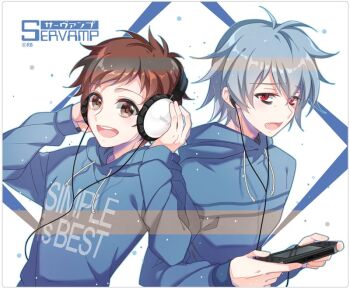 2boys ahoge alternate_costume bags_under_eyes blue_hair blue_jacket brown_eyes brown_hair controller copyright_name cpink0312 fang headphones holding holding_controller jacket male_focus multiple_boys red_eyes servamp shirota_mahiru sleepy_ash