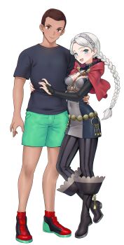 1boy 1girl black_bridal_gauntlets blue_eyes boots braid breasts bridal_gauntlets buzz_cut capelet commentary commission couple covered_navel dark-skinned_male dark_skin english_commentary fire_emblem fire_emblem_fates harness hetero highres hood hooded_capelet hug key keyring leather leather_boots long_hair looking_at_viewer low_twin_braids low_twintails medium_breasts nail_polish nina_(fire_emblem) nintendo o-ring o-ring_harness oc_x_canon open_mouth original pantyhose parted_bangs red_hood red_nails redkite333 short_hair striped_clothes striped_pantyhose twin_braids twintails vertical-striped_clothes vertical-striped_pantyhose very_short_hair white_hair