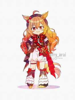 1girl ahoge animal_ears arai_cherry armband beret black_gem black_hat black_jacket blush boots bow bowtie closed_mouth commentary_request crown_hair_ornament ear_bow english_text footwear_bow frilled_armband frills full_body gem hair_between_eyes hair_ornament hand_on_own_hip hat highres horse_ears horse_girl horse_tail jacket long_hair looking_at_viewer multicolored_bow orange_hair orange_tail red_bow red_bowtie red_eyes red_sash ribbon royal_family_(the_royal_family) sash shadow shirt shorts simple_background smile solo tail the_royal_family_(tv_series) thigh_strap white_background white_shirt white_shorts
