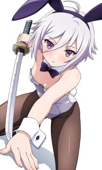 Rule 34 | 1girl, ahoge, animal ear hairband, animal ears, black bow, black bowtie, black pantyhose, bow, bowtie, breasts, detached collar, fake animal ears, hairband, highres, itomi sayaka, katana, leotard, ototsu (nitta225), pantyhose, playboy bunny, rabbit ears, rabbit tail, red eyes, short hair, simple background, small breasts, solo, strapless, strapless leotard, sword, tail, toji no miko, weapon, white background, white leotard, wrist cuffs