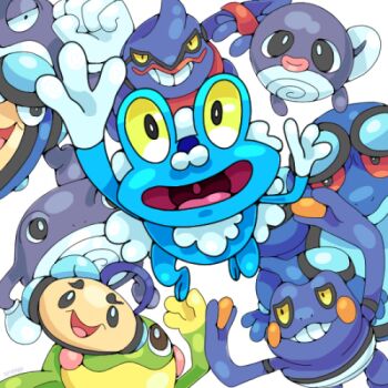 croagunk froakie gen_1_pokemon gen_2_pokemon gen_4_pokemon gen_5_pokemon gen_6_pokemon lowres nintendo no_humans palpitoad pokemon pokemon_(creature) politoed poliwag poliwhirl poliwrath seismitoad toxicroak tympole