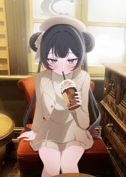1girl absurdres alternate_costume beret black_hair blue_archive blush braid braided_bun brown_hat brown_jacket brown_skirt cup disposable_cup double_bun drinking drinking_straw drinking_straw_in_mouth grey_eyes grey_halo hair_bun half-closed_eyes halo hand_rest hand_up hat highres holding holding_cup indoors jacket kisaki_(blue_archive) long_hair long_sleeves looking_at_viewer mugi_(marineblue134) open_clothes open_jacket sitting skirt solo sweater twintails white_sweater