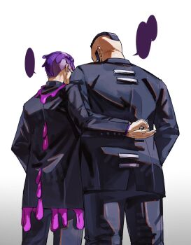 2boys black_hair black_jacket black_pants black_suit blank_speech_bubble colored_speech_bubble corbeau_(pokemon) formal_clothes from_behind hands_on_another&#039;s_hand highres holding jacket male_focus mohawk multiple_boys nintendo open_hand pants philippe_(pokemon) pokemon pokemon_legends:_z-a purple_hair short_hair shu0718 sideburns simple_background speech_bubble suit suit_jacket undercut white_background