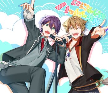 Rule 34 | 2boys, :d, ;d, absurdres, bandaged hand, bandages, black jacket, black pants, brown eyes, brown hair, cloud, collared shirt, fushimi gaku, fushimi gaku (1st costume), green eyes, grey sweater, hair between eyes, highres, jacket, kenmochi touya, kenmochi touya (1st costume), long hair, long sleeves, low ponytail, male focus, microphone, microphone stand, multiple boys, necktie, nijisanji, ninahachi, one eye closed, open clothes, open jacket, open mouth, outstretched arm, pants, pointing, ponytail, purple hair, rainbow text, red necktie, school uniform, shirt, sleeves past wrists, smile, sweater, translation request, twitter username, v-shaped eyebrows, virtual youtuber, white shirt