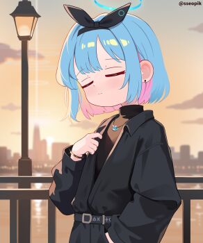 1girl alternate_costume arona_(blue_archive) belt black_belt black_hairband black_jacket blue_archive blue_hair blue_halo closed_eyes commentary_request evening hairband halo highres jacket jewelry long_sleeves multicolored_hair necklace orange_sky outdoors pink_hair short_hair sky solo sseopik sunset twitter_username two-tone_hair