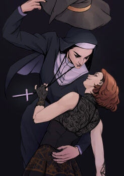 2girls arm_around_waist breasts cincidious commentary cross cross_necklace dead_by_daylight english_commentary fingerless_gloves gloves habit hat highres holding holding_unworn_clothes holding_unworn_hat jewelry makeup medium_breasts mikaela_reid multiple_girls necklace nun pendant runny_makeup smile the_artist_(dead_by_daylight) unworn_hat unworn_headwear witch_hat yuri