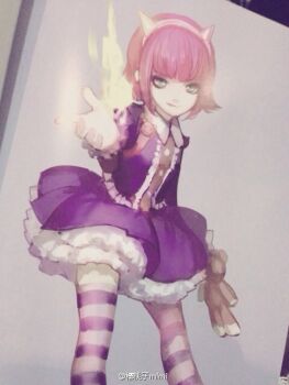 Rule 34 | 1girl, annie (league of legends), ask (askzy), fire, hair ornament, league of legends, purple skirt, skirt, socks, solo, stuffed animal, stuffed toy, teddy bear, tibbers