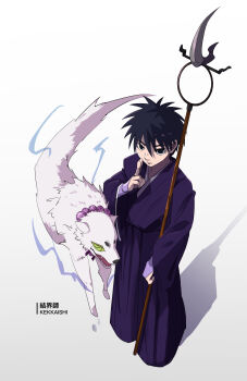 1boy 2021 animal_ears black_eyes black_hair green_eyes highres holding holding_polearm holding_weapon japanese_clothes jewelry kekkaishi kimono kuji-in madarao naginata necklace open_mouth pearl_necklace polearm purple_kimono simple_background sumimura_yoshimori uvjt3772 weapon wolf wolf_ears
