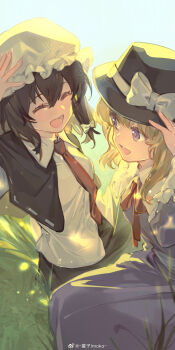 Rule 34 | 2girls, absurdres, artist name, black hair, blonde hair, bow, chinese commentary, closed eyes, commentary request, dress, grass, hair bow, hat, hat bow, headwear switch, highres, imoko (imonatsuki), looking at another, maribel hearn, multiple girls, neck ribbon, necktie, open mouth, purple dress, purple eyes, red necktie, red ribbon, ribbon, shirt, smile, teeth, touhou, usami renko, watermark, weibo watermark, white bow, white shirt