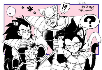 !? 3boys ? animal_ears armor bald cat_ears commentary dated dragon_ball dragonball_z english_commentary facial_hair frown greyscale_with_colored_background kemonomimi_mode long_hair male_focus monkey_tail multiple_boys mustache nappa open_mouth paw_print pink_background raditz saiyan_armor scouter senka-san shoulder_armor signature spoken_interrobang spoken_question_mark sweatdrop tail twitter_username vambraces vegeta very_long_hair widow's_peak