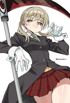 1girl absurdres artist_name black_coat blonde_hair breasts bright_pupils closed_mouth coat collared_shirt commentary diagonal-striped_clothes diagonal-striped_necktie gloves green_eyes green_necktie highres komatsuki_n long_sleeves looking_at_viewer maka_albarn necktie pleated_skirt red_skirt scythe shirt simple_background skirt small_breasts smile solo soul_eater soul_evans striped_clothes twintails twitter_username white_background white_gloves white_pupils white_shirt