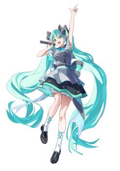 Rule 34 | 1girl, absurdres, aqua bow, aqua eyes, aqua hair, aqua nails, arm up, armpits, black shoes, bloomers, bow, commentary request, dress, fingernails, full body, grey dress, hair between eyes, hair ornament, hatsune miku, highres, holding, holding microphone, livetm 08, long hair, microphone, nail polish, open mouth, shoes, simple background, smile, socks, twintails, underwear, very long hair, vocaloid, white background, white bloomers, white socks