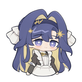 1girl ai_chi_guobaoyou apron black_dress blue_eyes blue_hair blush chibi closed_mouth colored_inner_hair cropped_torso dress frilled_apron frills hair_intakes hair_ornament highres juliet_sleeves long_sleeves looking_at_viewer multicolored_hair puffy_sleeves reverse:1999 school_uniform smile solo soviet_school_uniform star_(symbol) star_hair_ornament upper_body voyager_(reverse:1999) white_apron white_background