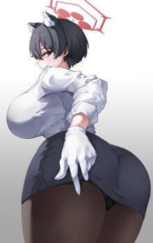 1girl absurdres animal_ear_fluff animal_ears beetleasd black_eyes black_hair black_panties black_pantyhose black_skirt blue_archive breasts commentary_request cowboy_shot from_behind gloves gradient_background halo highres huge_breasts long_sleeves looking_at_viewer looking_back official_alternate_costume panties pantyhose pencil_skirt raccoon_ears raccoon_girl red_halo shirt short_hair skirt solo tour_guide tsubaki_(blue_archive) tsubaki_(guide)_(blue_archive) underwear undressing white_gloves white_shirt