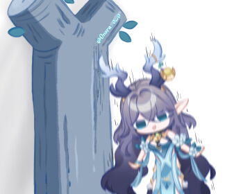 1girl antler_ornament antlers arms_at_sides bare_shoulders blue_dress blue_eyes breasts clothing_cutout commentary cowboy_shot deer_antlers deer_girl dress english_commentary flower genshin_impact gold grey_hair hair_intakes hair_over_one_eye highres hip_vent horns lauma_(genshin_impact) leaf leaning_to_the_side long_hair looking_at_viewer medium_breasts motion_blur motion_lines onora_owo open_mouth pointy_ears scene_reference shikanoko_nokonoko_koshitantan simple_background smile solo tree trembling twitter_username very_long_hair white_background white_flower