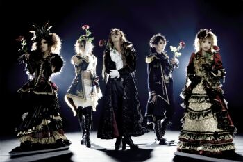 5boys band_(music) crossdressing crossdressing_(mtf) dress flower gloves gothic_lolita j-rock lolita_fashion multiple_boys musician photo_(medium) platform_footwear rose trap versailles visual_kei